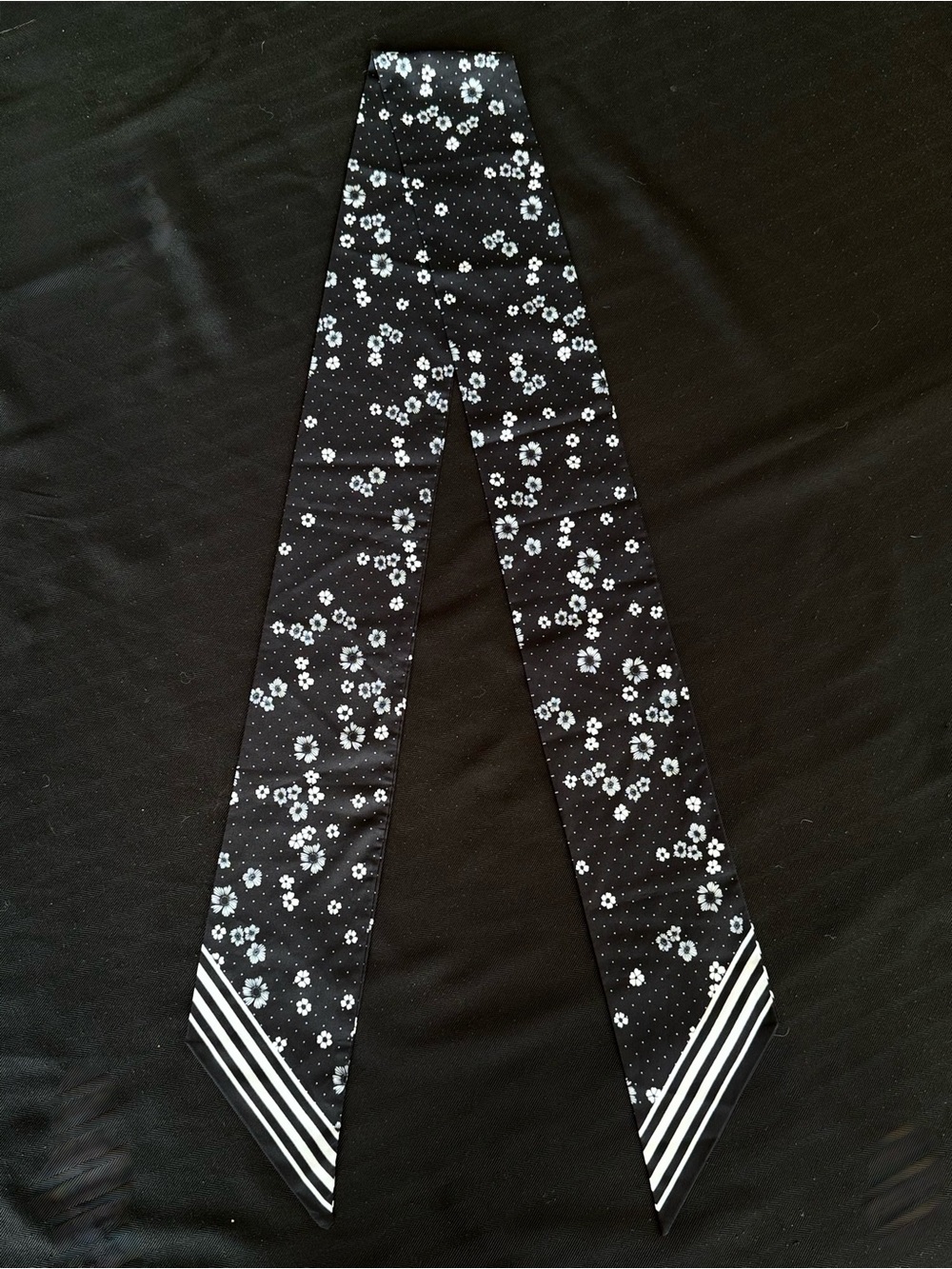 Black Floral Skinny Scarf with white Accent Stripes headband scarf